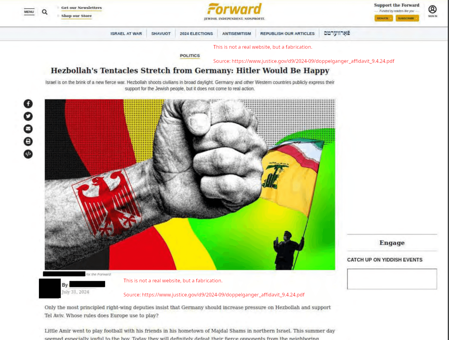 The picture shows a website that impersonates Forward, formerly known as The Jewish Daily Forward. It is an identical copy of the authentic design, but the content is manipulated.